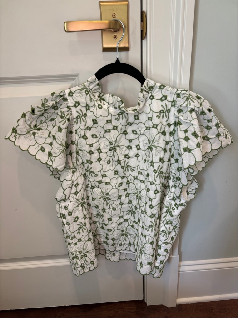 glam White Eyelet Floral Ruffle Sleeve Blouse with Green Embroidery